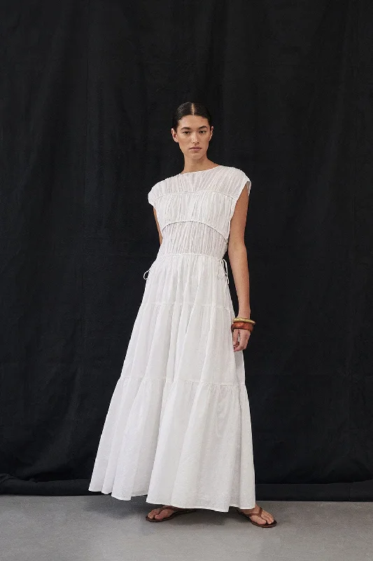 FLYNN WHITE LINEN BLEND MIDI DRESS Casual Midi Skirt