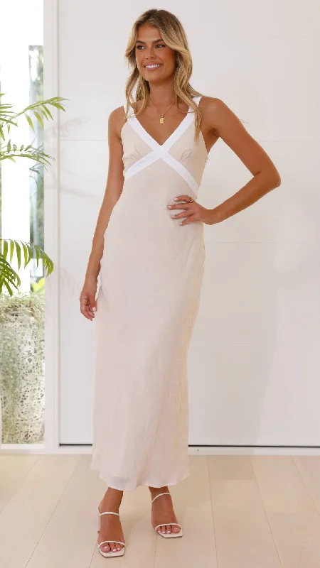 Iylah Midi Dress - Beige / White Plain Midi Skirt