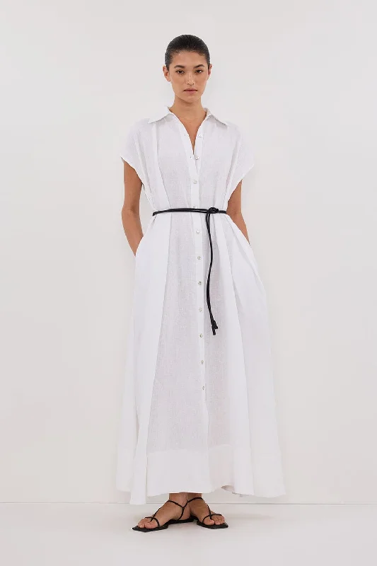 LANA WHITE LINEN MIDI SHIRT DRESS Classic A-line Skirt