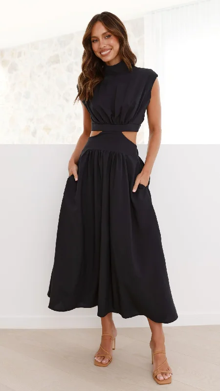 Maddison Midi Dress - Black Midi Skirt Dress