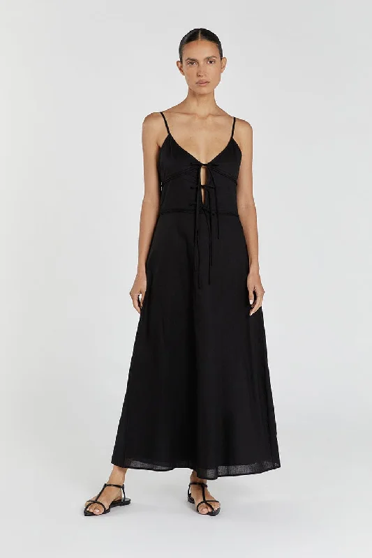 MIMI BLACK LINEN MIDI DRESS Ruffled Midi Skirt
