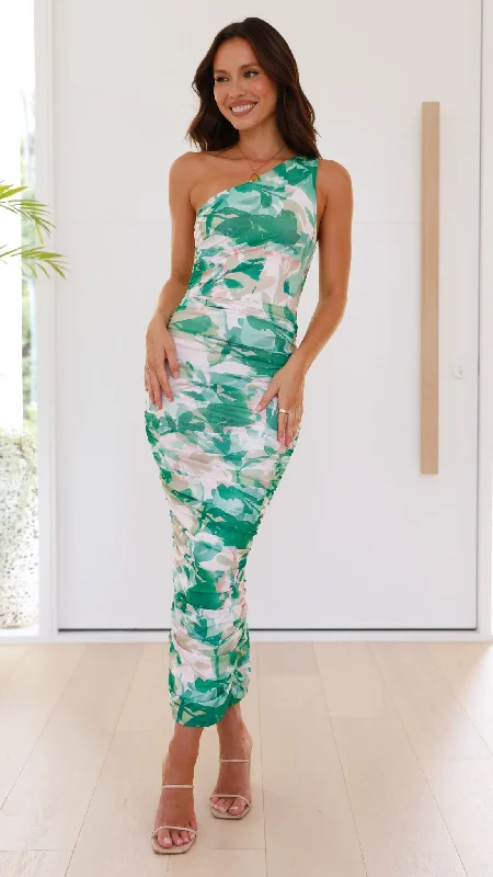 Natalia Midi Dress - Green Print Slim Midi Skirt