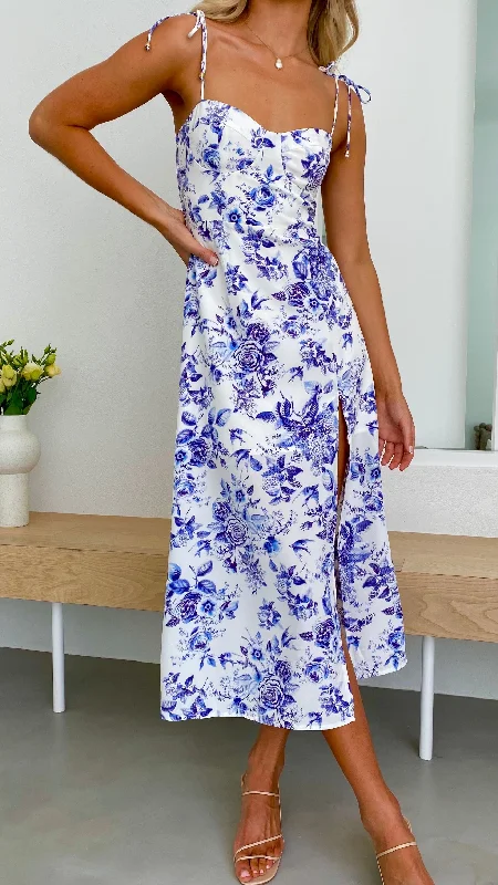 Laury Midi Dress - Blue Floral Printed Midi Skirt