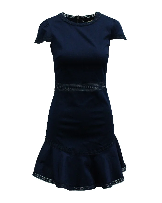 Alice + Olivia Lace Paneled Short Dress in Navy Blue Cotton Light Lace Dress