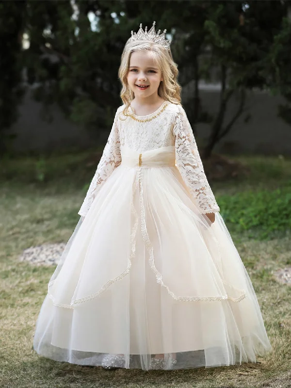 Ball Gown Scoop Long Sleeves Lace Flower Girl Dresses Lace Party Dress