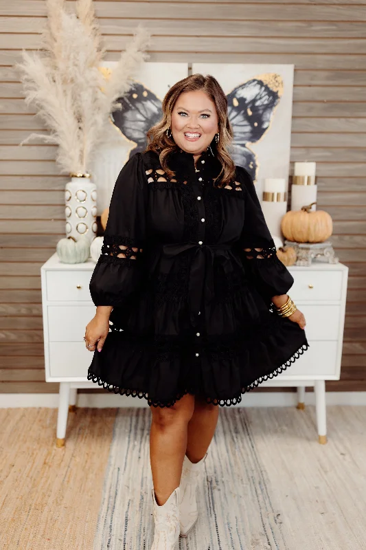 Black Lace Detail Pearl Button Down Dress Off-shoulder Lace Dress