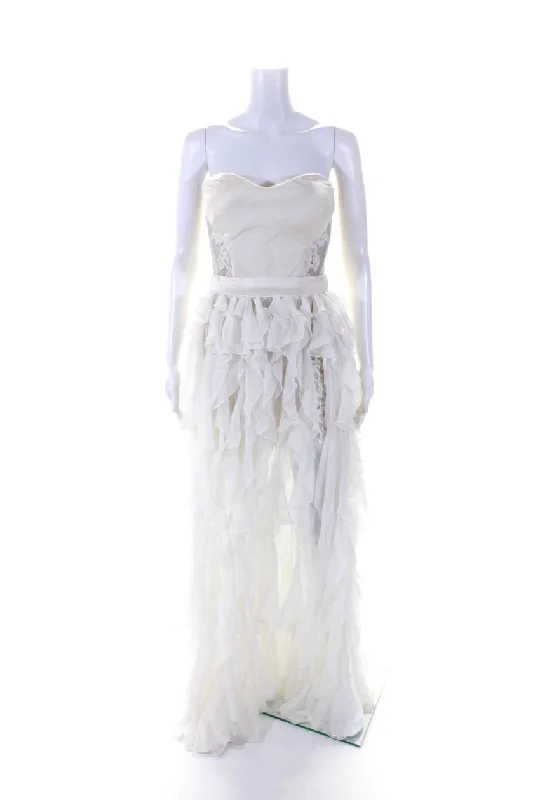 David Peck Satin Lace Chiffon Ruffle Strapless High Low Gown Dress White Vintage Lace Dress