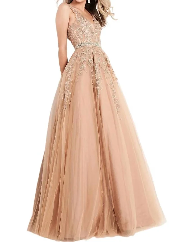 Embellished Lace Prom Dress In Gold Lace Dress Fit