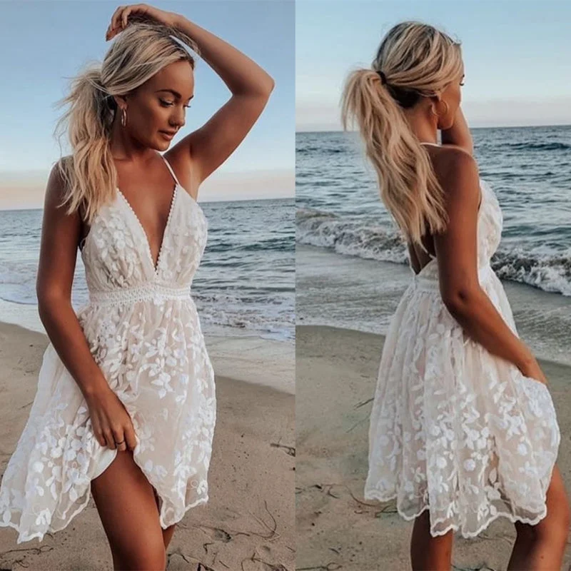 Lace Trim V-neck Backless Dress Lace Dress Layers