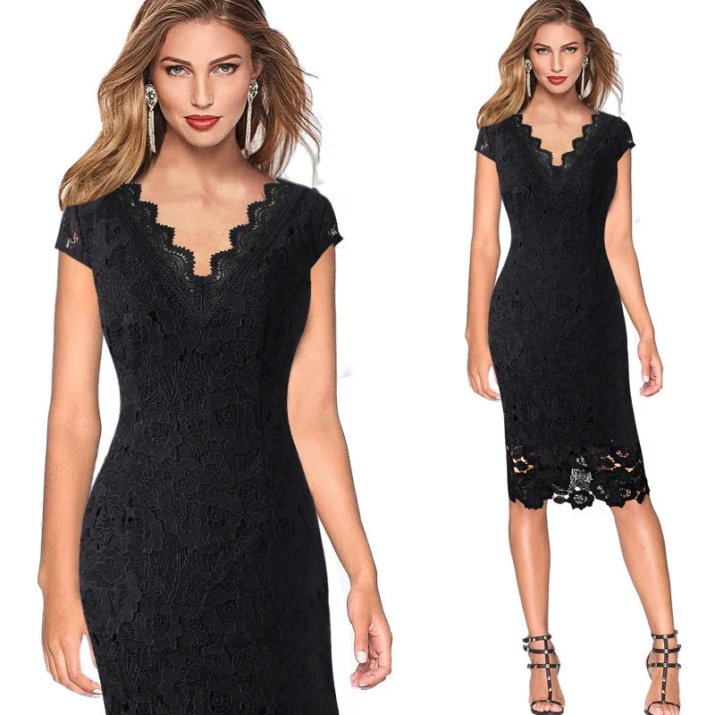 Lace Trim V-neck Casual Pencil Dress Lace Party Gown