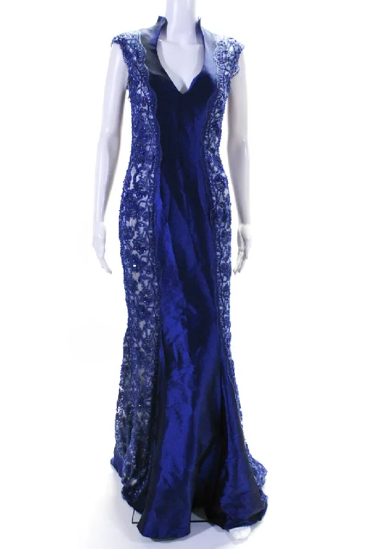 Mac Duggal Womens Back Zip Sleeveless Lace Beaded V Neck Gown Blue Elegant Lace Dress