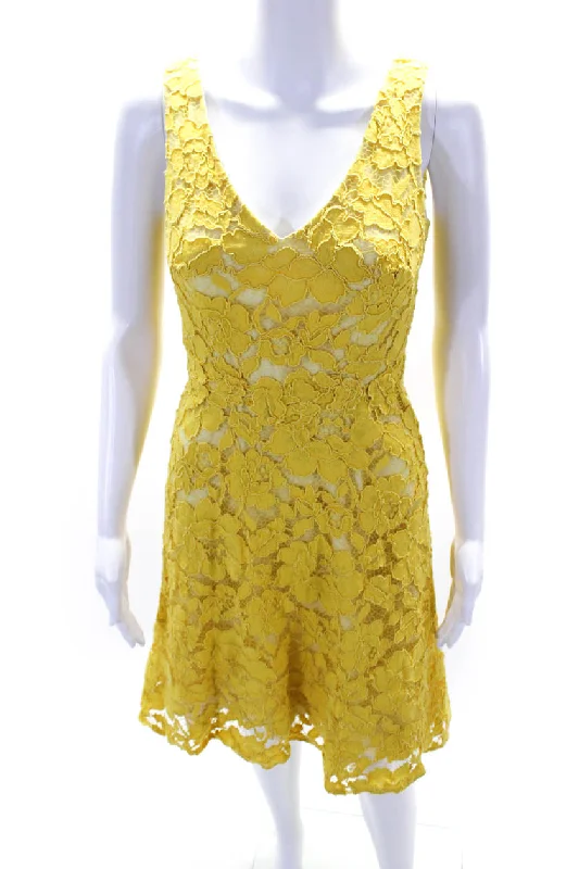 ML Monique Lhuillier Womens Yellow Lace Sleeveless Dress Yellow Lace Dress Party