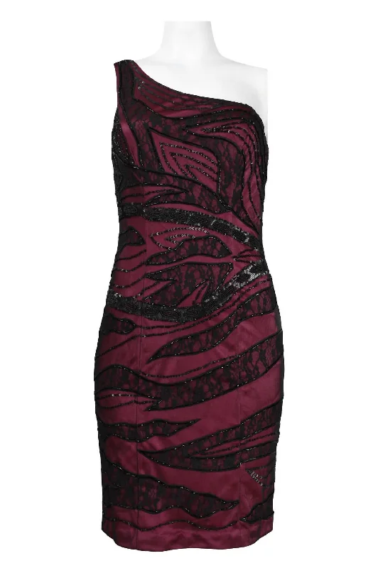 One Shoulder Lace Embellished Dress In Black Magenta Lace Dress with Belt