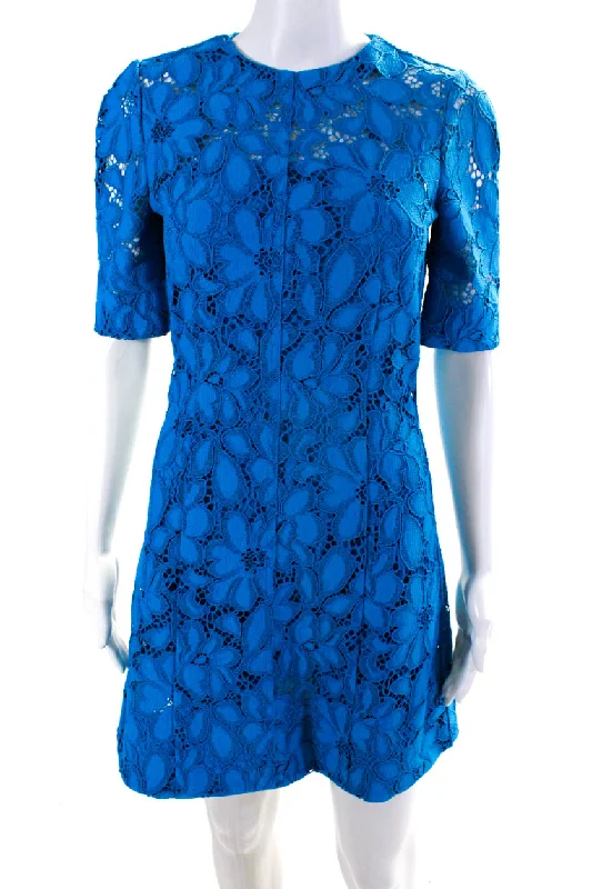 Proenza Schouler Womens Back Zip Short Sleeve Lace Overlay Dress Blue Lace Dress Sparkle