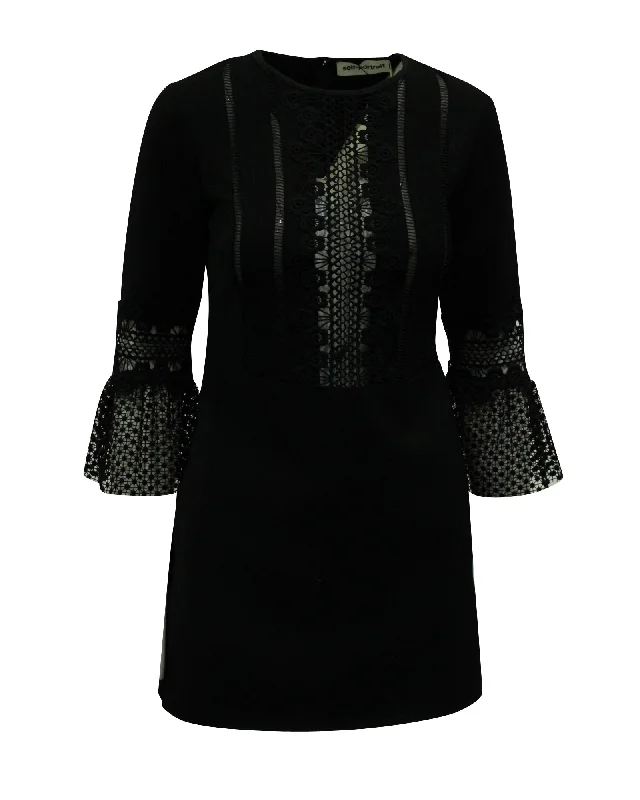 Self-Portrait Lace Trim Dress with Flounce Sleeves in Black Polyester Lace Dress for Women