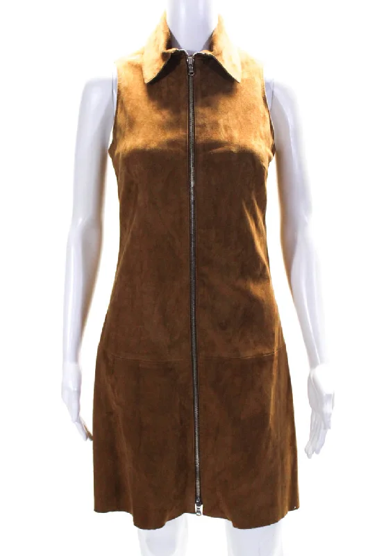 Sharis Place Womens Lexwe Sleeveless Front Zip Suede Sheath Dress Brown Lace Dress Sleek